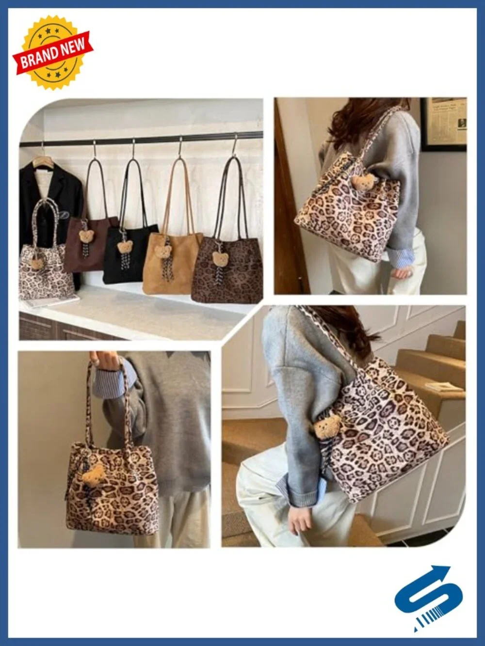 Large Hobo Shoulder Bag with Detachable Bear Charm Suede Tote Handbag